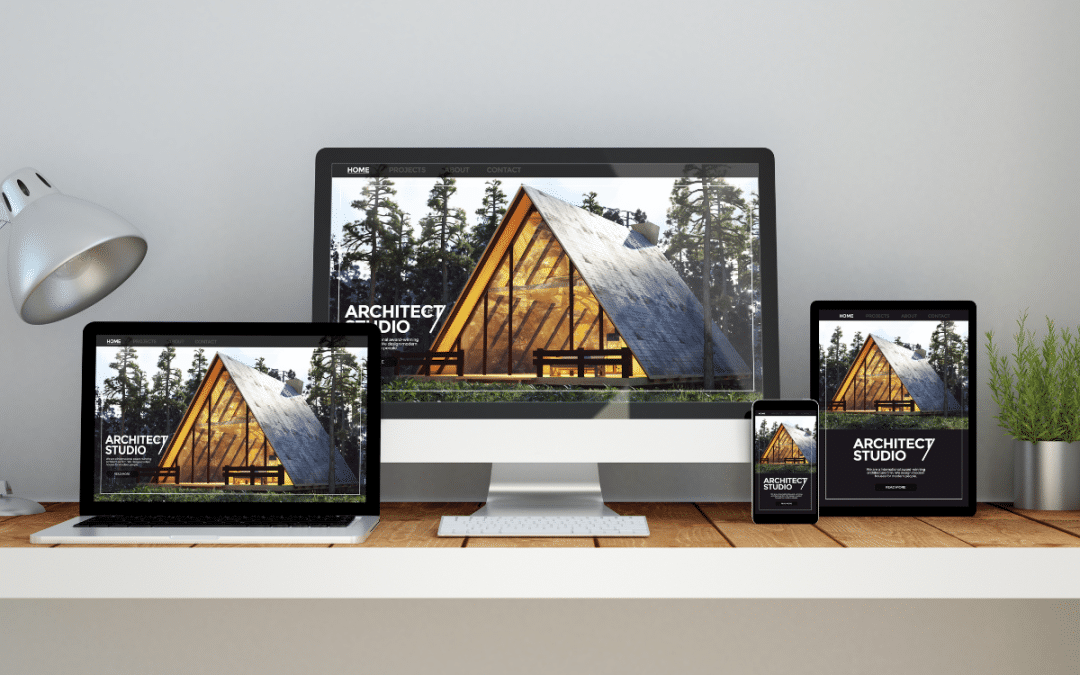 Responsive website design for real estate displayed on desktop, laptop, tablet, and smartphone screens.