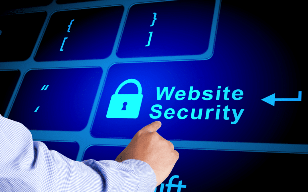 Hand pointing to a website security icon on a blue digital interface.