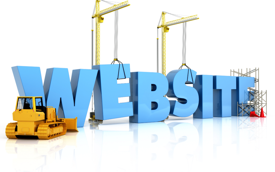 Website development concept with cranes and bulldozer building the word WEBSITE.