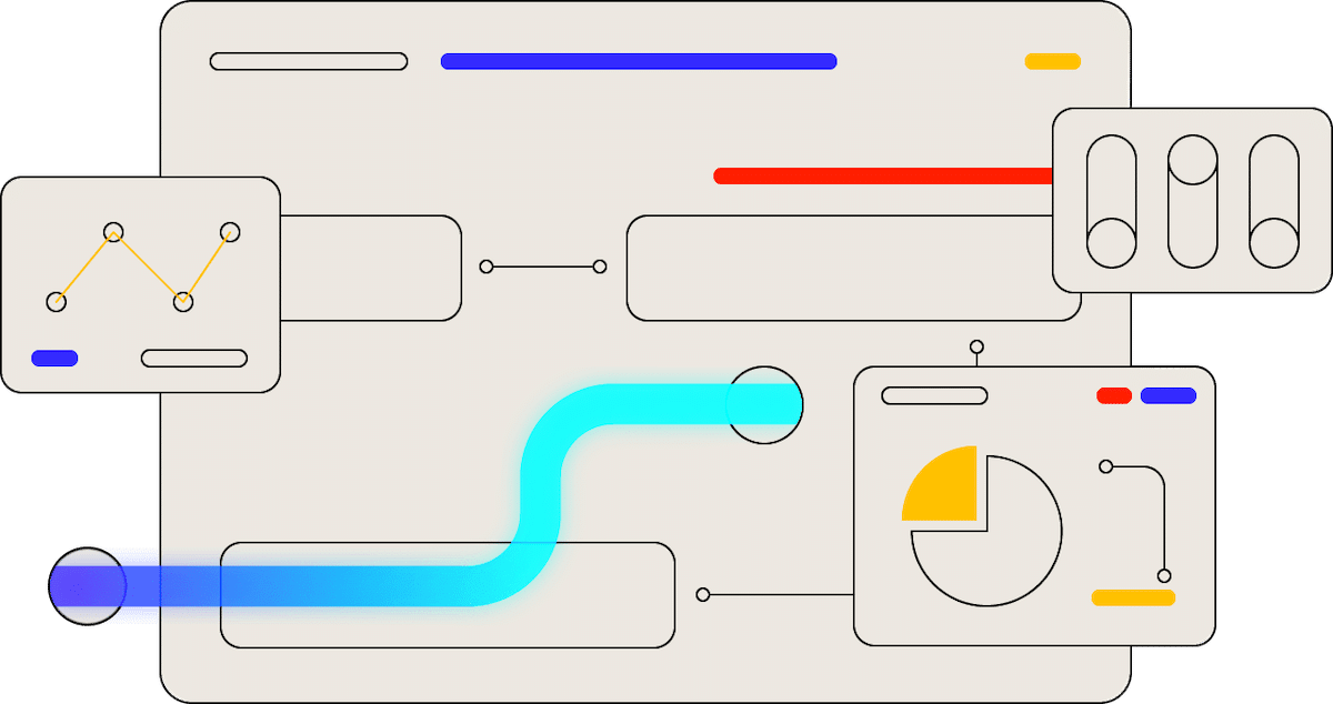 Abstract software interface illustration with charts and flow diagrams.