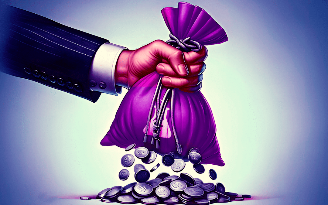 Hand squeezing a purple bag with silver coins spilling out