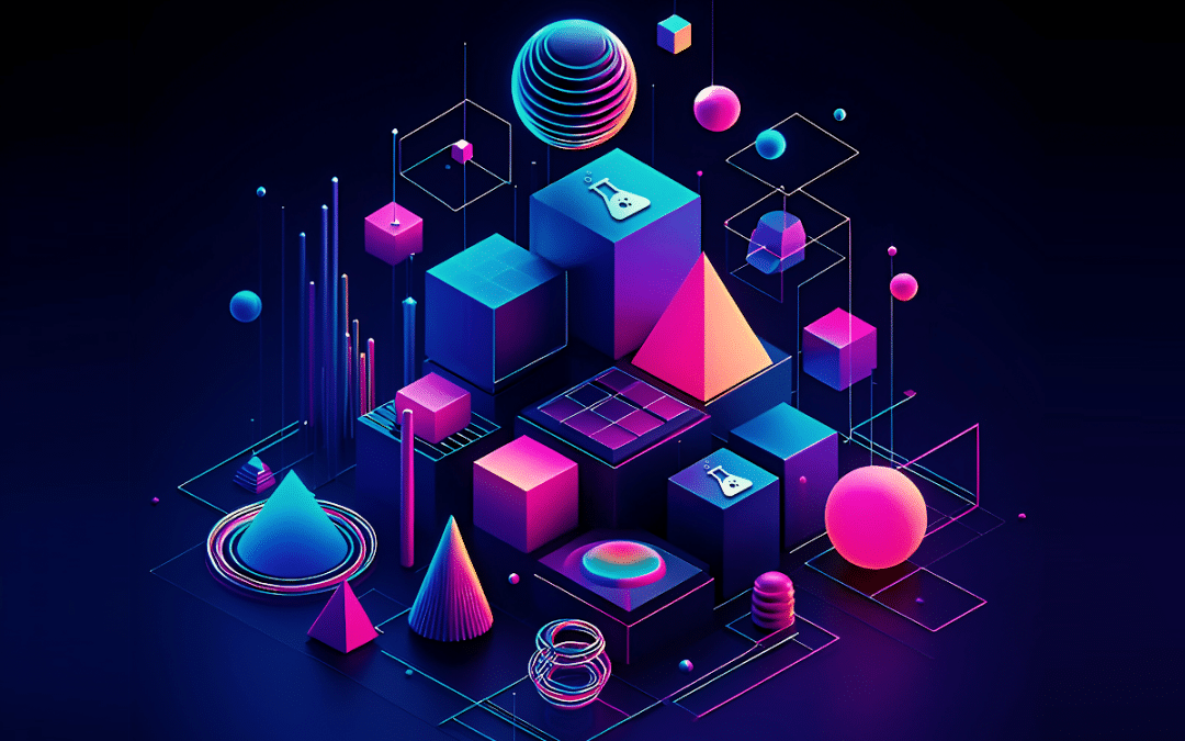 Vibrant geometric shapes forming a 3D infographic on a dark background with vivid neon colors.