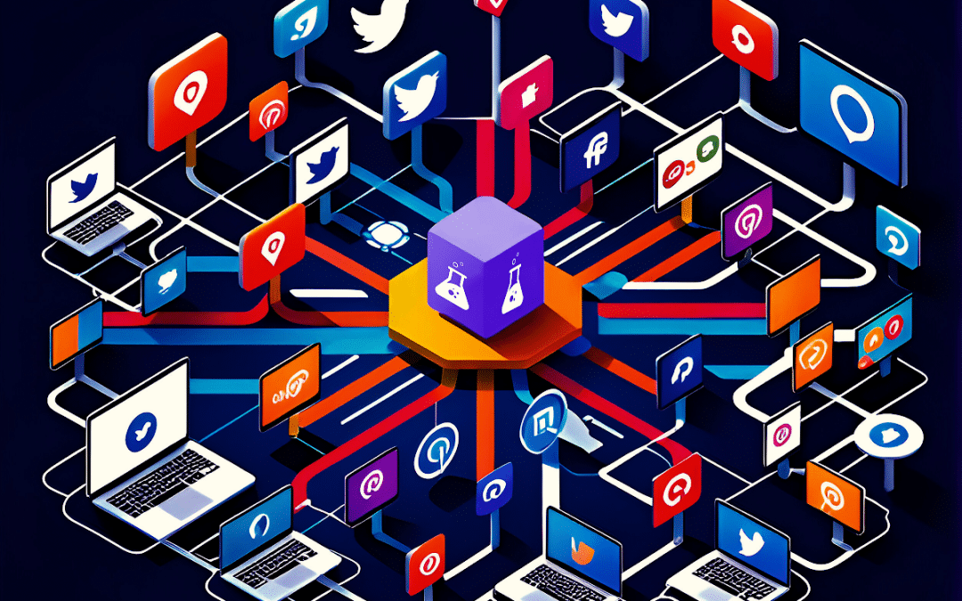Graphic depiction of social media network with interconnected apps, laptops, and Ostmosis Labs icon in the center.