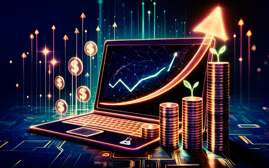 Product photography showcasing a neon-illuminated laptop with rising financial charts and stacked coins symbolizing e-commerce success.