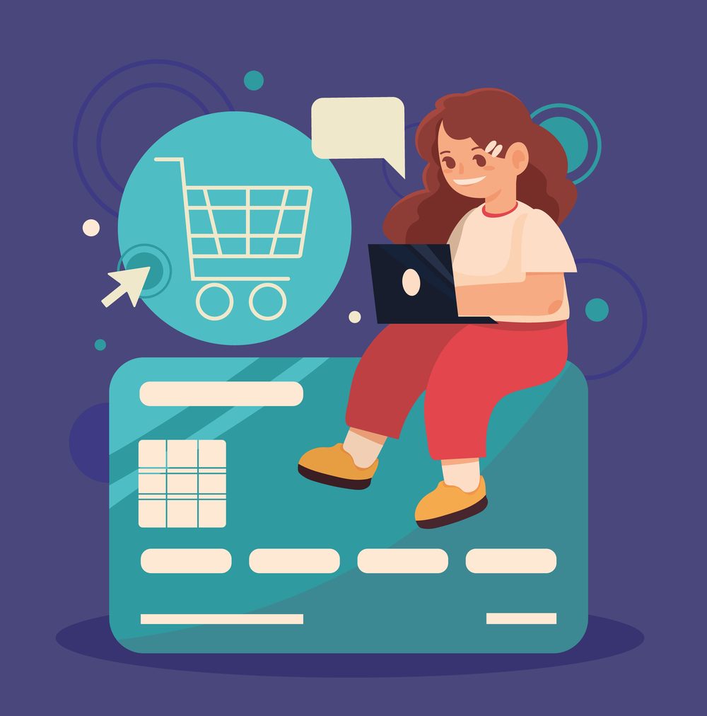 Woman with laptop and shopping cart icon on credit card illustration