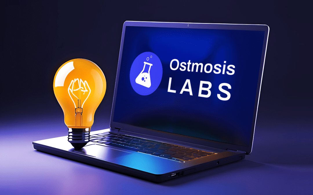 Laptop with Ostmosis Labs logo and a glowing light bulb in a dark setting