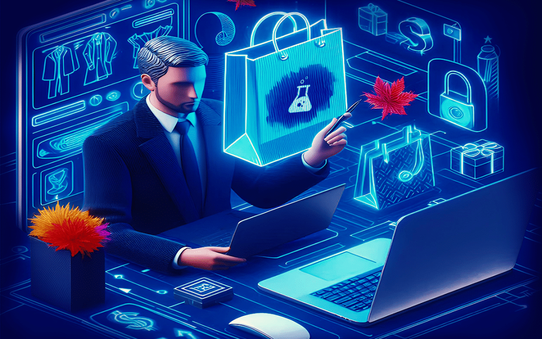 Businessman creating an e-commerce website surrounded by holographic shopping icons and marketing elements.