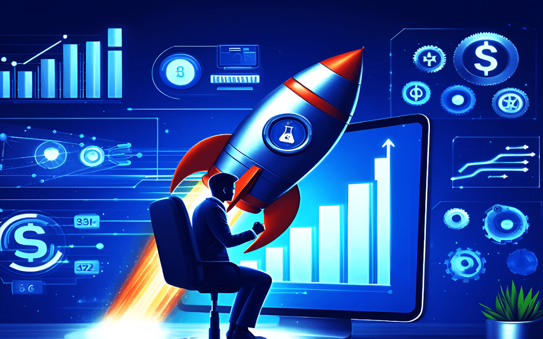 Businessperson analyzing graphs on a computer screen with rocket graphics symbolizing growth and automated E-commerce management.