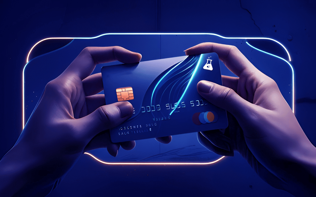 Hands holding a credit card with futuristic, digital blue background.