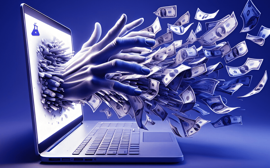 Hands reaching out of a laptop screen throwing money, symbolizing the ROI of investing in e-commerce web design.