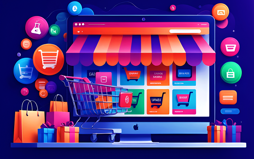 Vibrant e-commerce website design with colorful shopping cart, storefront, and gift boxes.