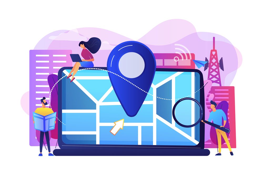 Creative map navigation illustration with vibrant blue location pin and colorful characters using technology