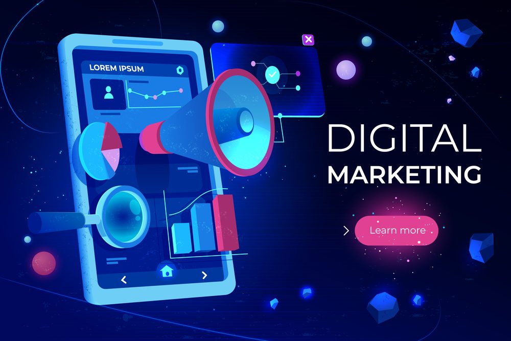 Smartphone with marketing analytics and graphs, promoting digital marketing strategy.