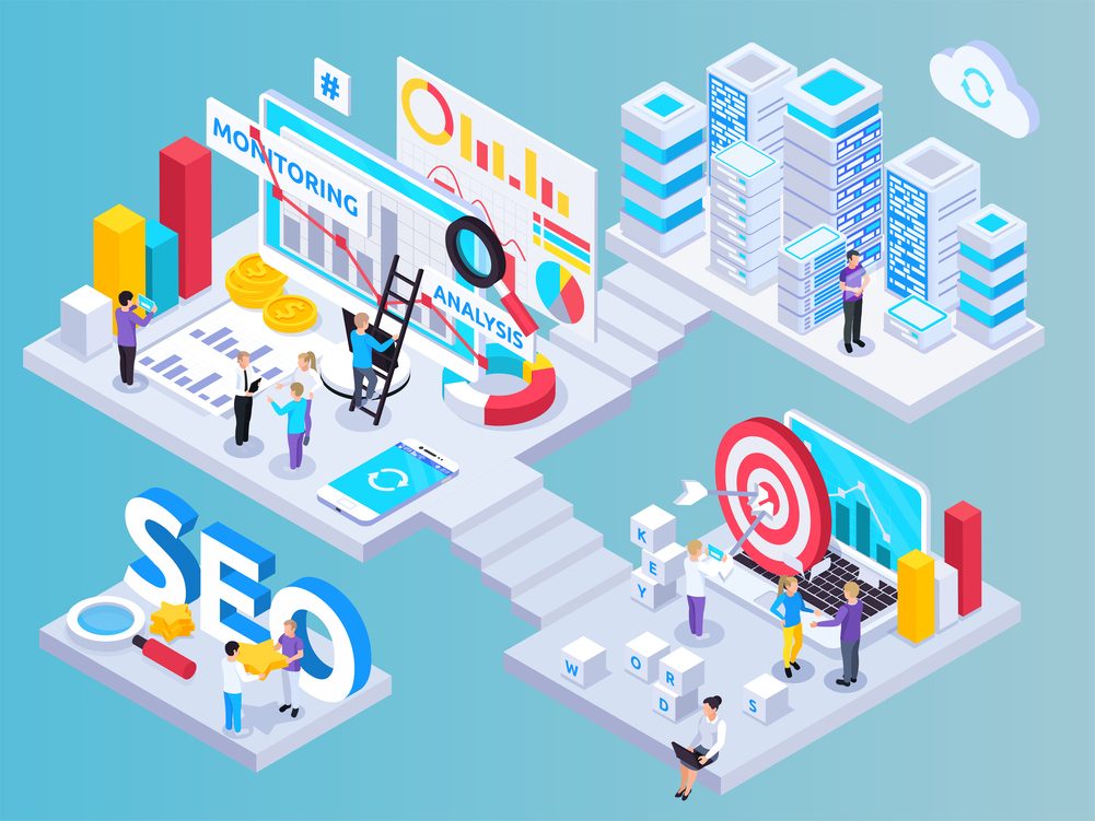 Isometric illustration of digital SEO processes including analysis, monitoring, data storage, and team collaboration in a modern setting.