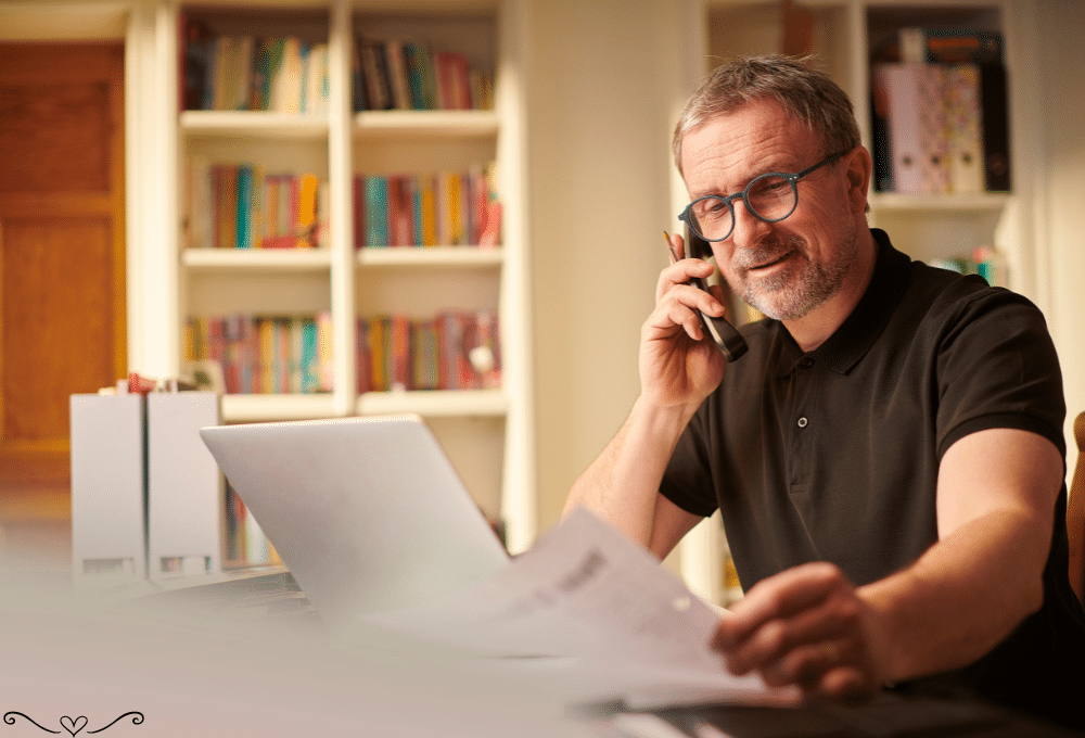 Man in black polo working on a laptop while talking on the phone