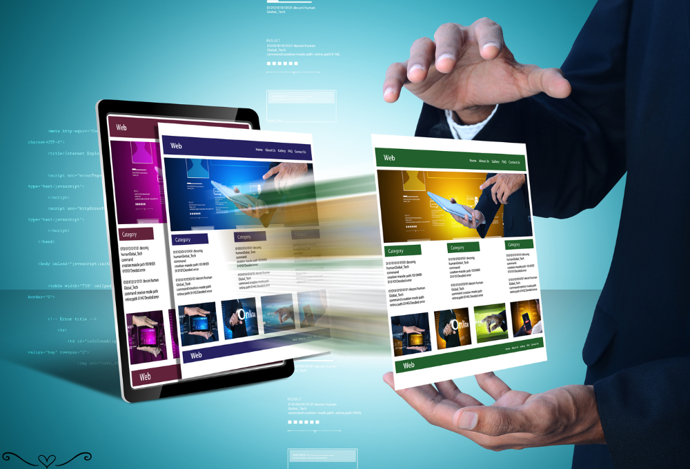 Digital transformation concept with futuristic web page design and tech advancements.