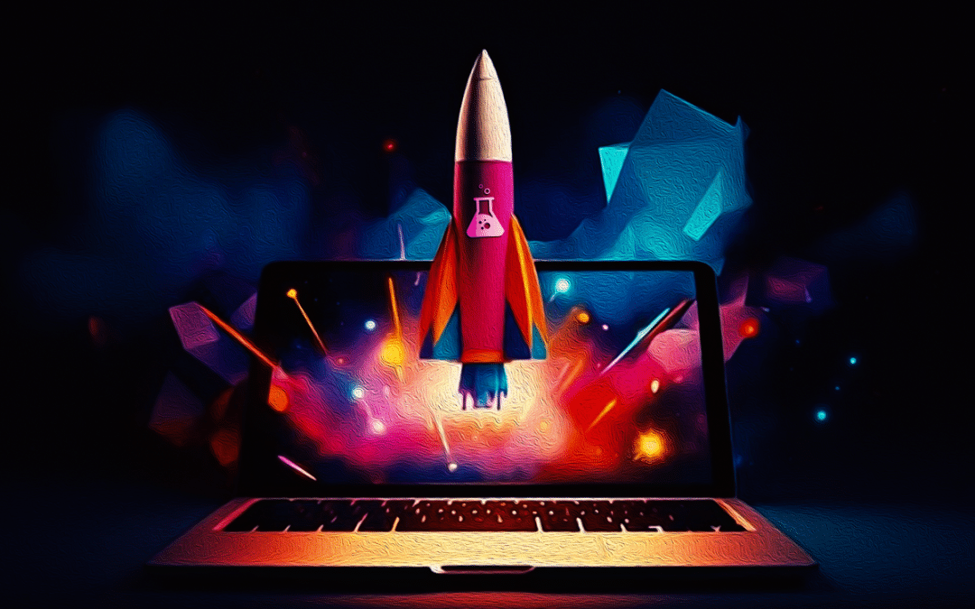 Vibrant rocket launching from a laptop screen, symbolizing digital marketing services boosting visibility.