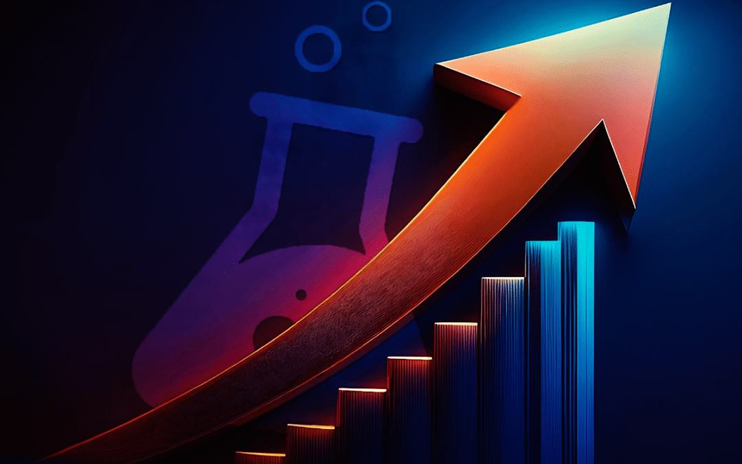 A vibrant graph showing an upward trend with a gradient red arrow and a blue laboratory flask in the background.