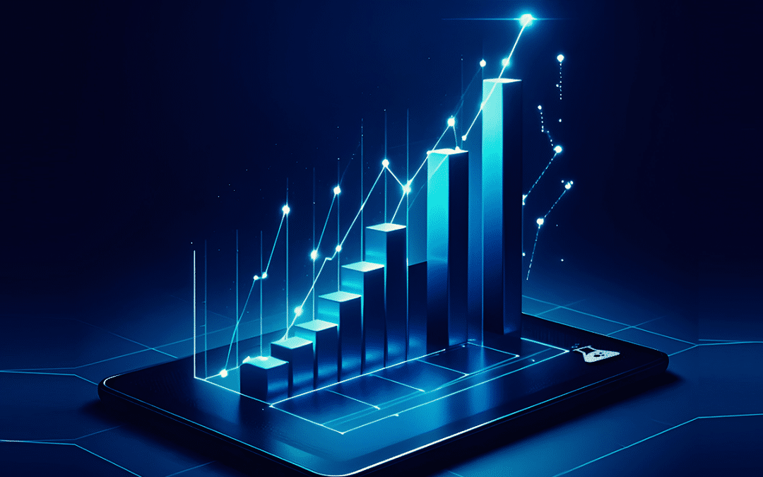 3D graph scaling up from a tablet screen, representing digital marketing growth.