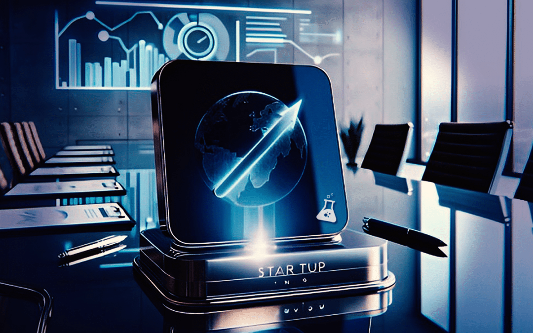 Futuristic conference room with a holographic startup display and data charts.