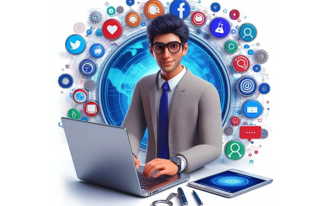 Digital marketing professional at a laptop surrounded by social media icons.