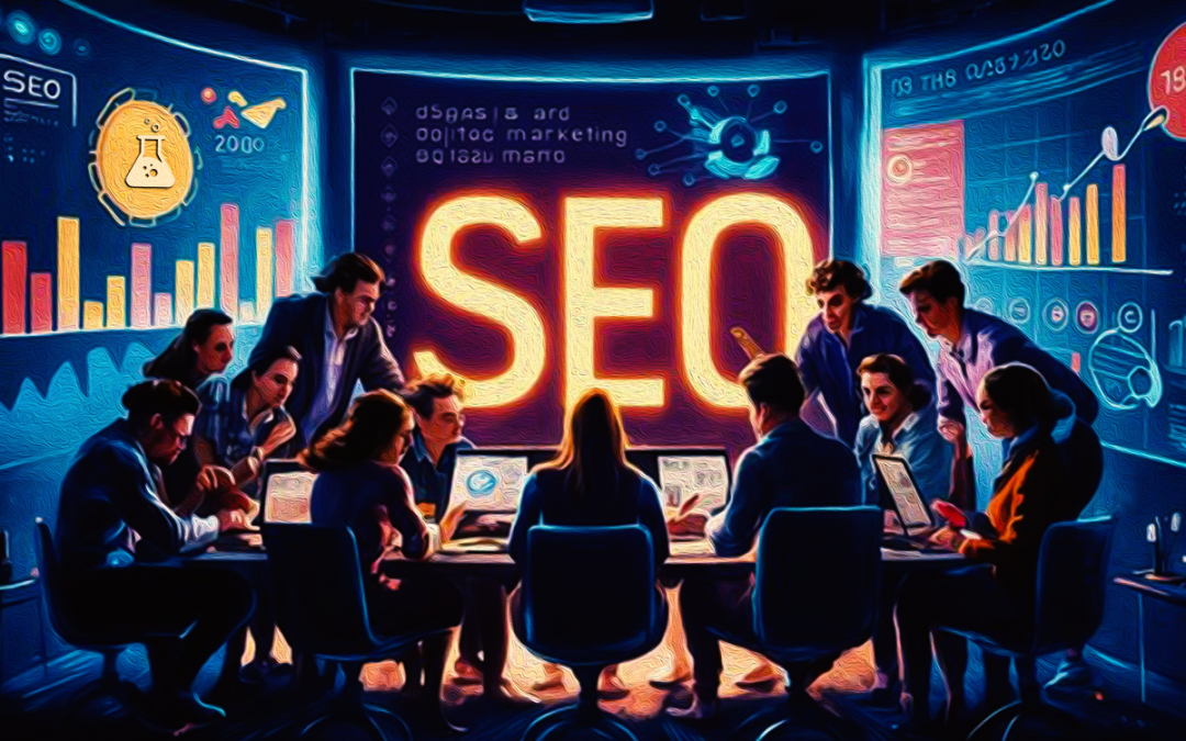 A team collaborates around a table with laptops in a room filled with SEO and digital marketing graphics.
