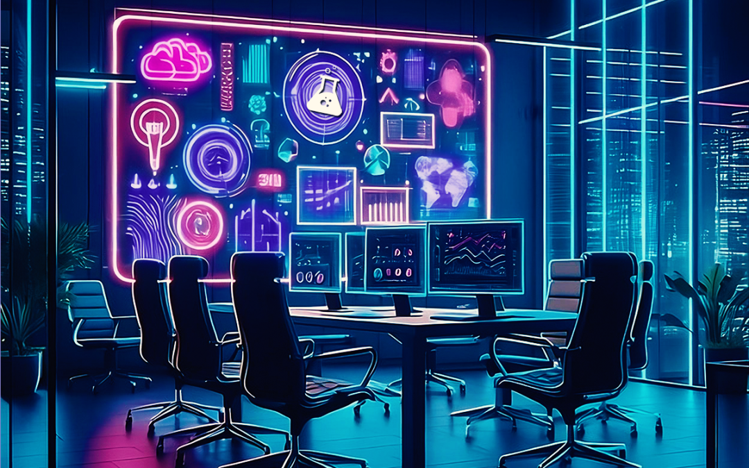 Modern conference room with neon digital marketing graphics on wall screens.