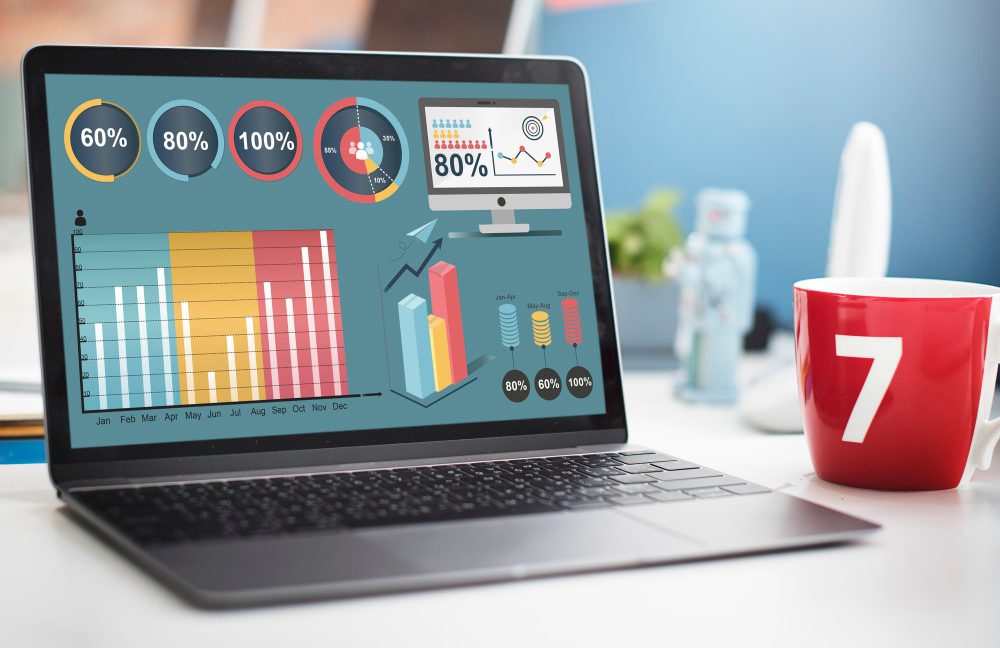 Laptop displaying colorful data analytics dashboard with charts and graphs beside a red mug labeled 7.