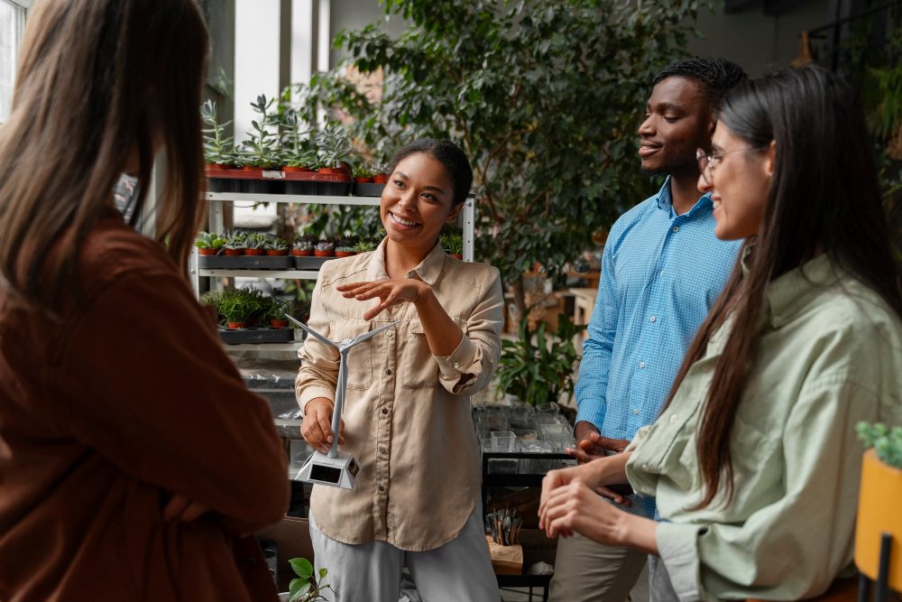 Group of diverse coworkers engaged in a lively discussion in a plant-filled office setting.