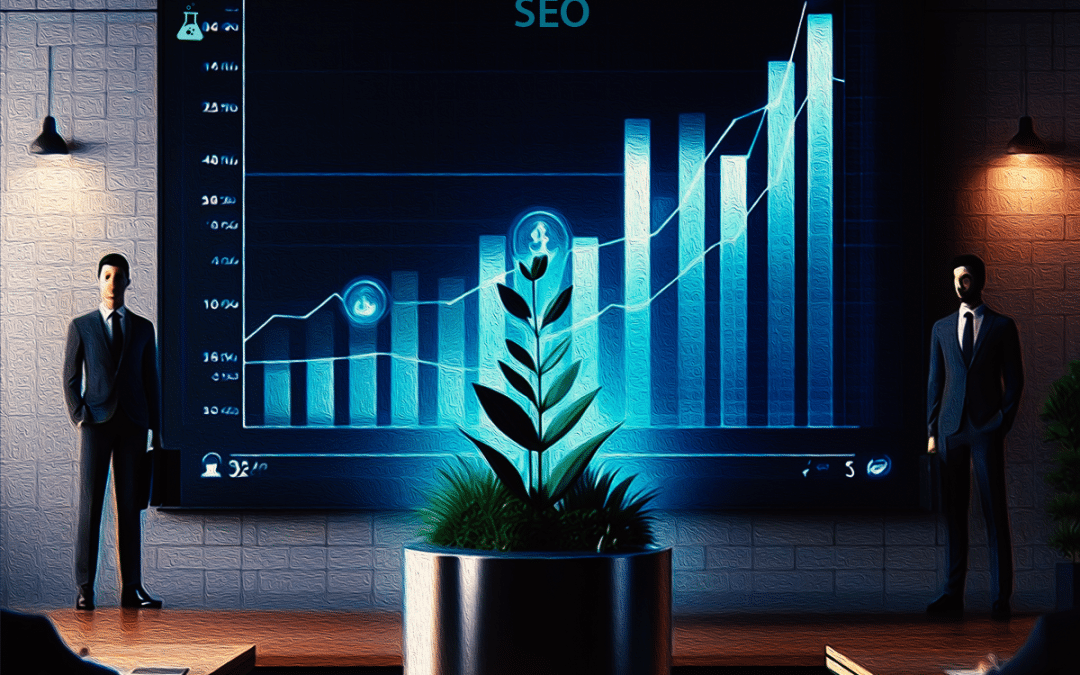 Business professionals in a meeting room, large SEO growth chart displayed, emphasizing budget-friendly SEO strategies.