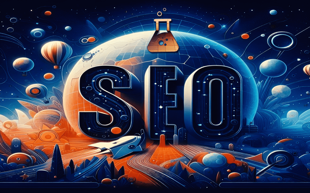 Futuristic illustration of SEO with a globe, rockets, and lab elements symbolizing local business competition.