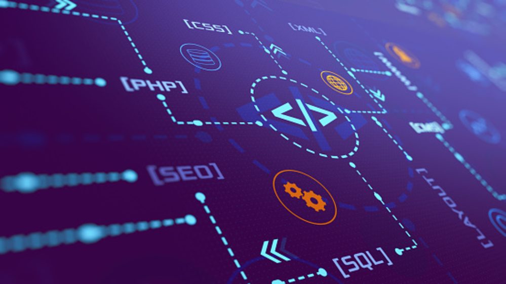 Digital illustration of web development technologies like HTML, CSS, PHP, and SQL connecting in a network layout.