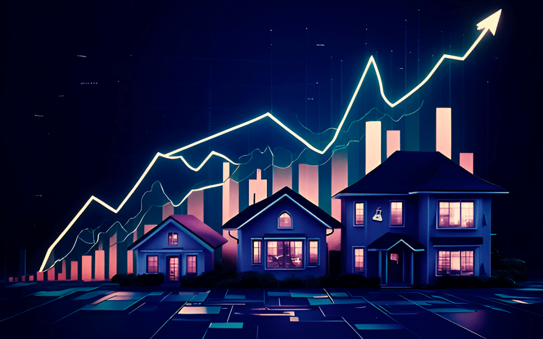 Three houses with illuminated windows in front of a rising graph indicating growth in real estate.