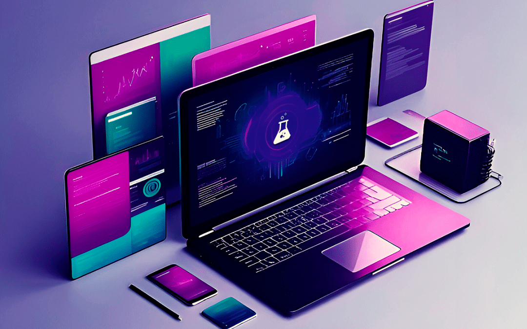 Digital workspace with various devices displaying graphic designs in a purple and turquoise theme.