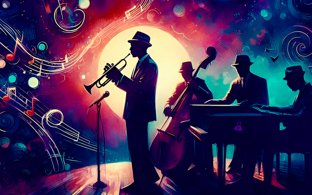 Jazz musician playing trumpet with band under vibrant night sky, featuring floating musical notes and a moonlit backdrop.