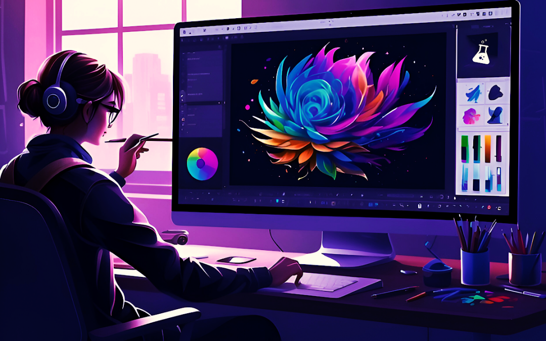 Designer crafting a vibrant logo on a desktop computer using digital design tools in a creative studio.