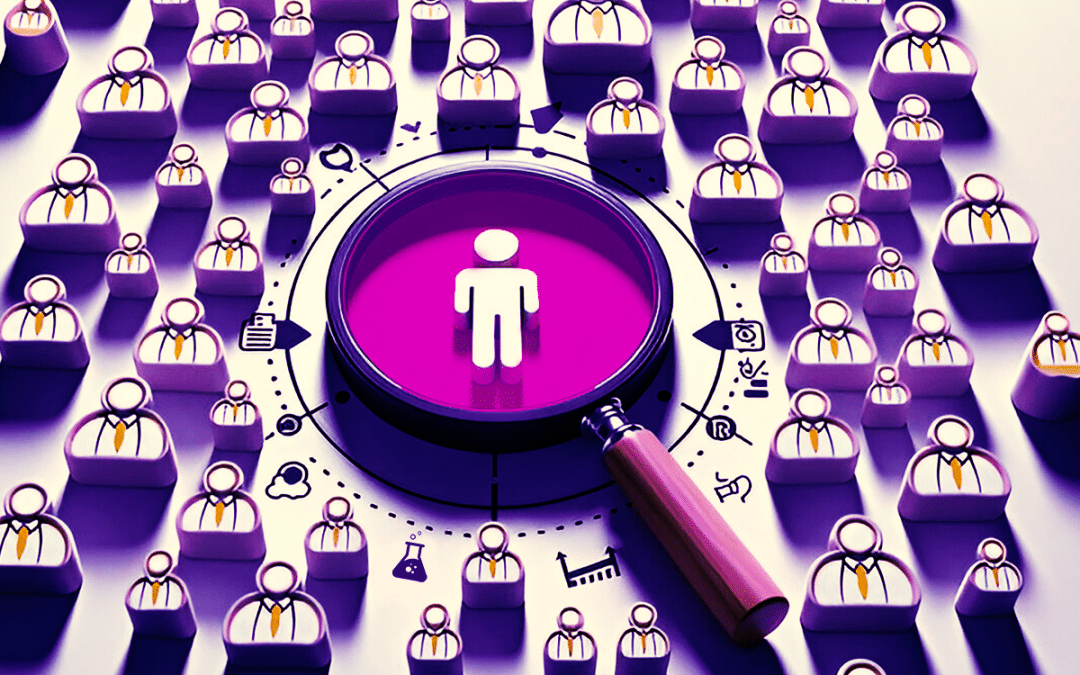 Creative logo design for design studio with central target audience surrounded by icons on purple background