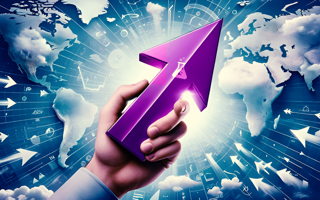 Hand holding a purple arrow with a cosmic map in the background representing global business growth.