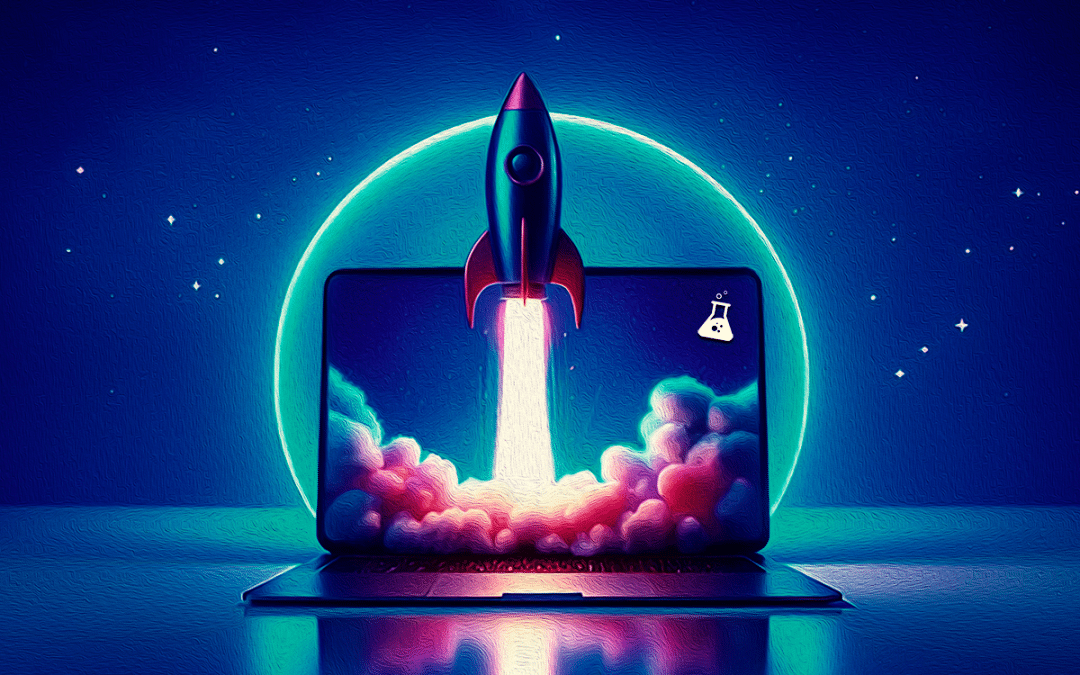 Rocket launching from a laptop screen, symbolizing innovative logo design trends for startups in 2024, with a glowing green backdrop.