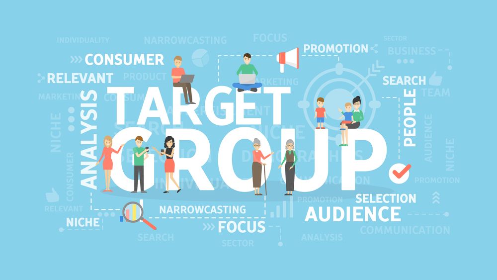 Diverse group of people engaging with marketing keywords around "Target Group" concept.
