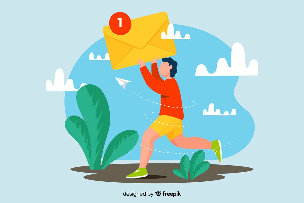 Colorful illustration of a person receiving a new email notification with an envelope icon and paper airplane.