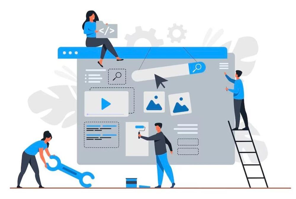 Team collaborating on website management with interactive elements and tools.